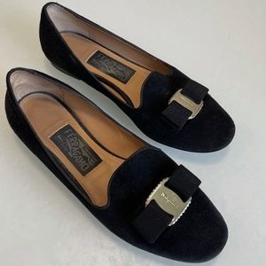Salvatore Ferragamo Scotty Loafers - Black Velvet - Size 6.5 - Silver buckle